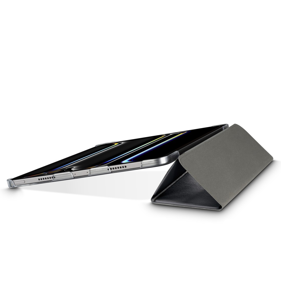 Tablet mit grauem Gehäuse. Das Tablet ist schwarz mit silbernem Rahmen. Das Gehäuse ist zu einem Ständer gefaltet. Weißer Hintergrund.
