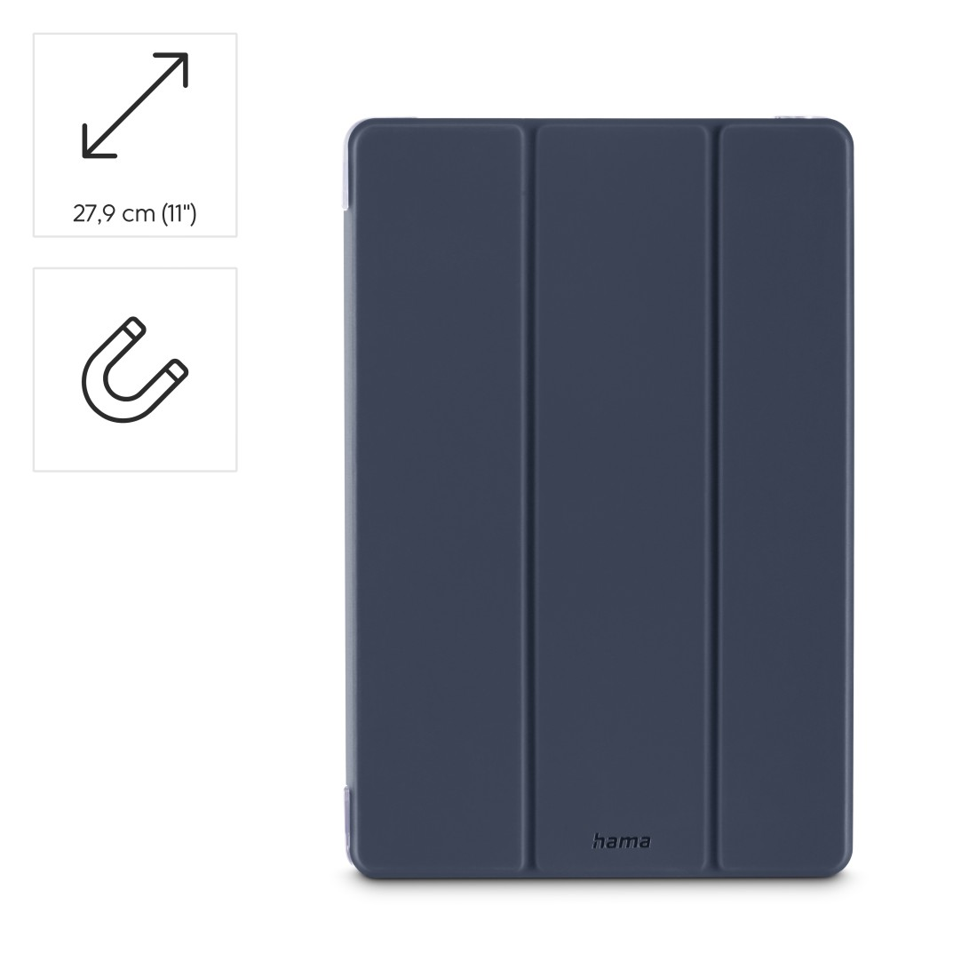 Eine marineblaue Tablet-Hülle, gefaltet. Die Hülle befindet sich auf weißem Hintergrund, mit Größen- und Magnetverschluss-Symbolen.