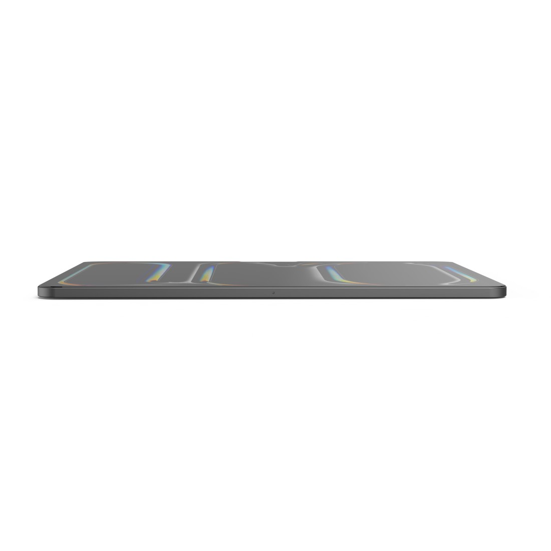 Ein schwarzes Tablet liegt flach vor einem weißen Hintergrund. Das Tablet ist leicht angewinkelt und zeigt sein Seitenprofil.