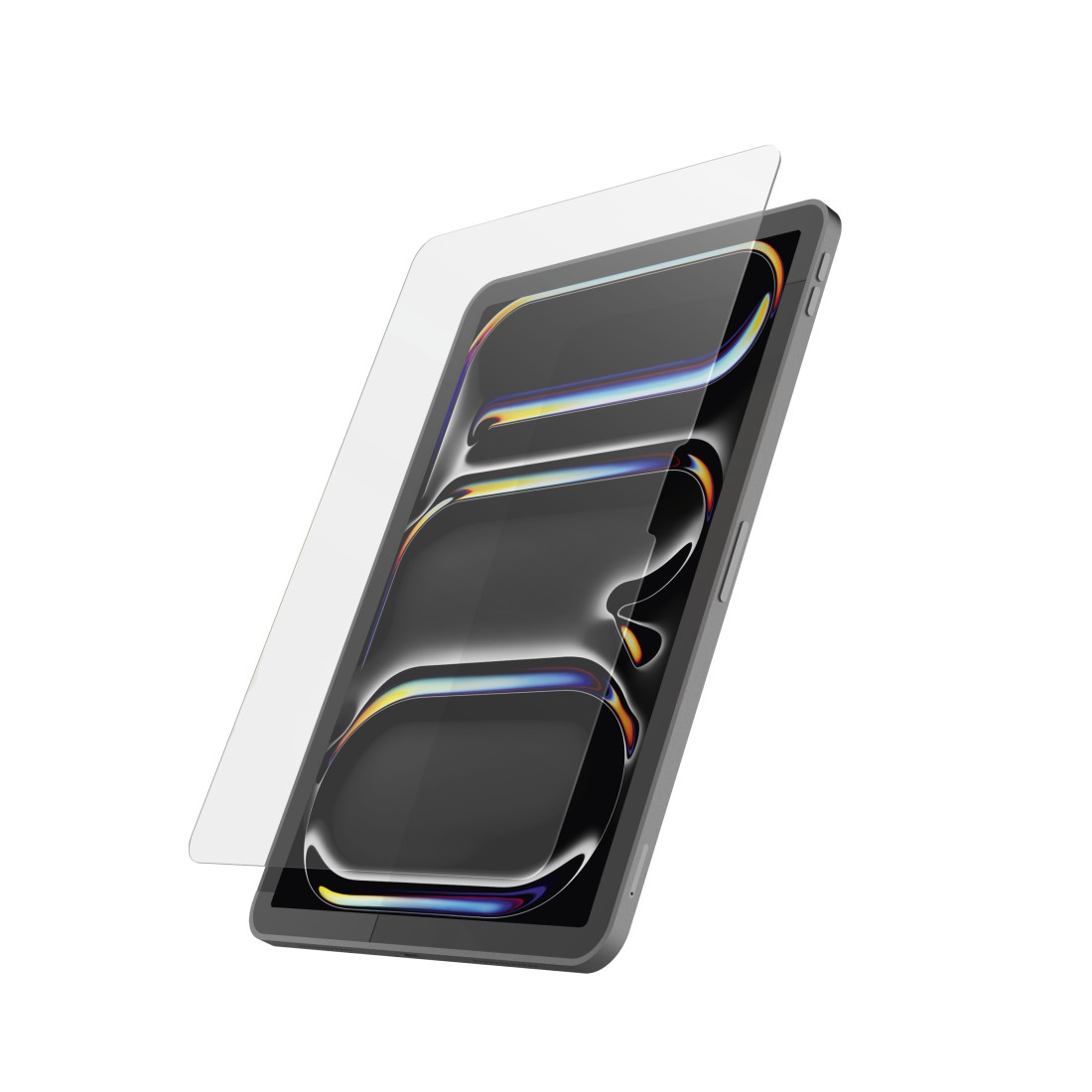 Ein Tablet mit Displayschutzfolie. Der Bildschirm zeigt bunte Reflexionen. Das Tablet ist grau und die Folie transparent.