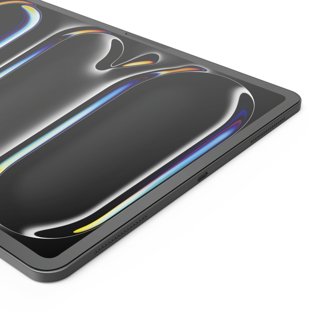 Ein dunkles Tablet, das einen lebendigen, geschwungenen Design mit Regenbogenfarben zeigt. Es ist auf weißem Hintergrund.