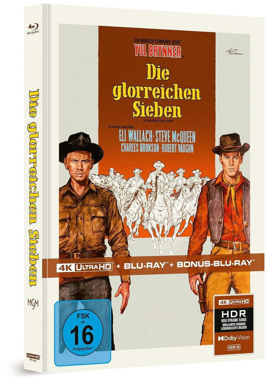 Blu-ray-Cover für 'Die glorreichen Sieben' mit Yul Brynner, Eli Wallach und Steve McQueen. Mit FSK ab 16.