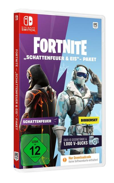 Fortnite-Spielbox. Charaktere in Feuer- und Eisrüstung stehen auf dem Cover. Text enthält 'Schattentfeuer & Eis Paket'.