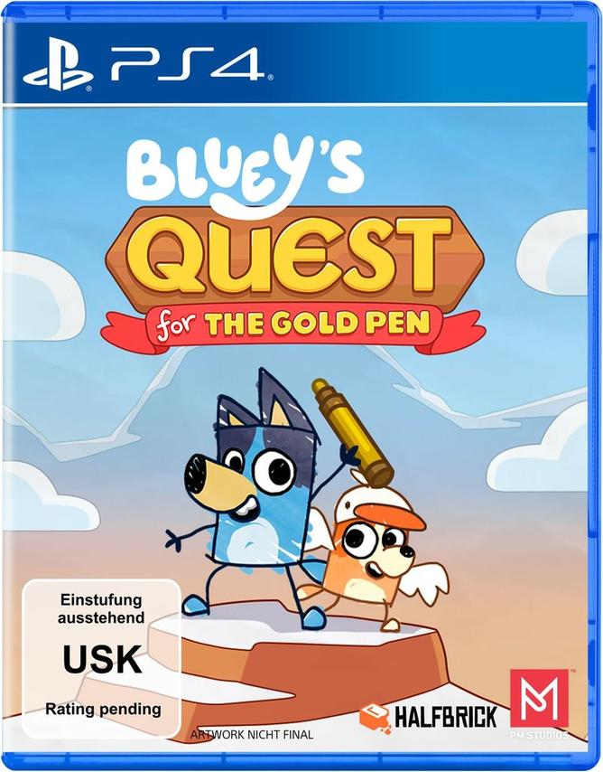 Spielcover von Bluey's Quest. Blauer Hund und oranger Hund halten einen goldenen Stift. Titel 'Bluey's Quest for the Gold Pen'.