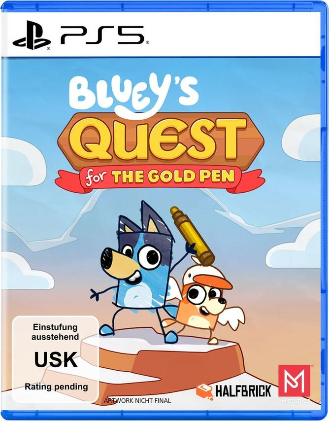 Blueys Quest-Spielcover. Blaue Zeichentrickhunde halten einen goldenen Stift. Der Titel steht in großen Buchstaben. PS5-Logo oben.