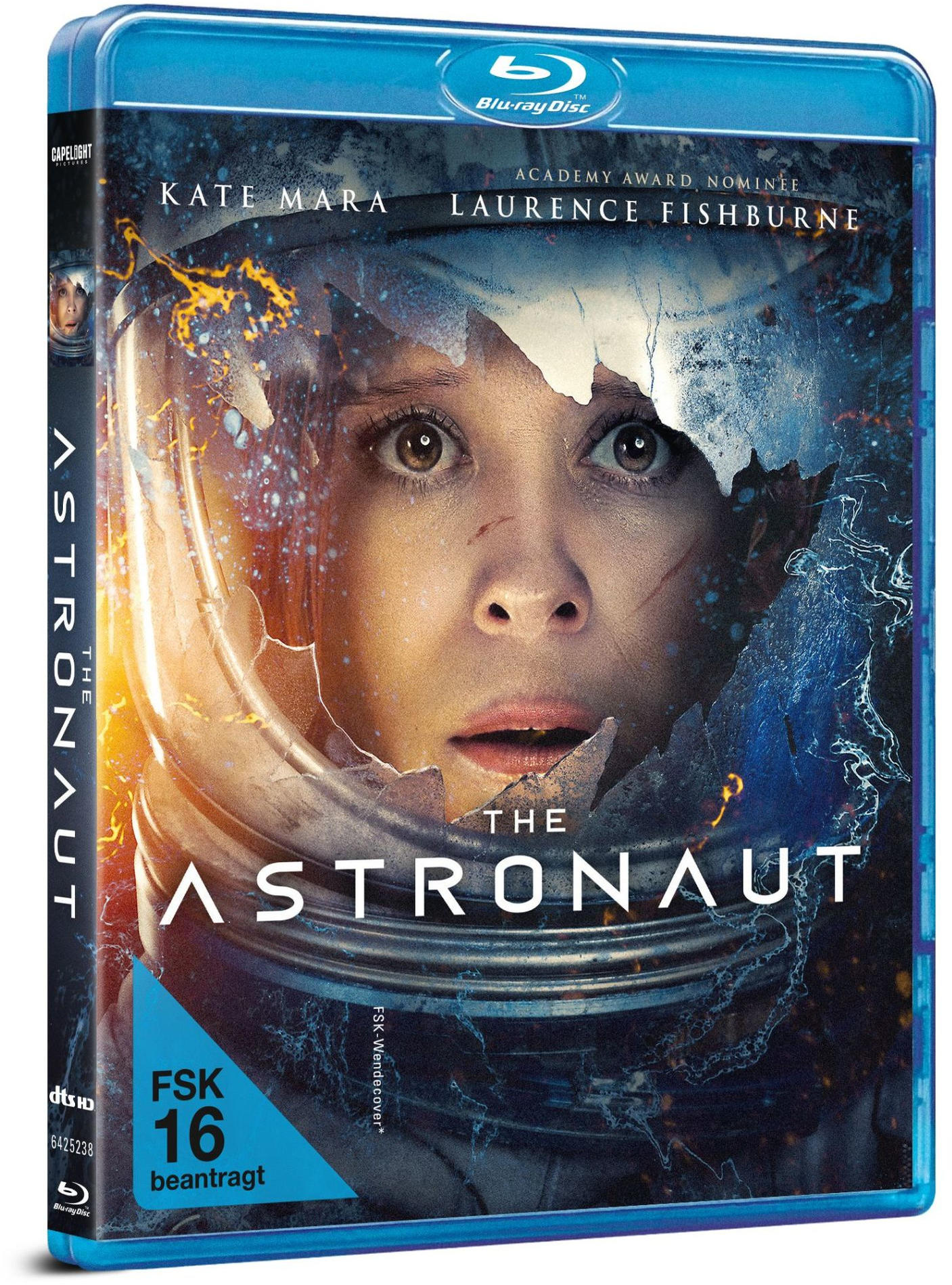 Blu-ray-Cover für "The Astronaut" mit Kate Mara. Das Gesicht einer Frau in einem zerbrochenen Astronautenhelm.