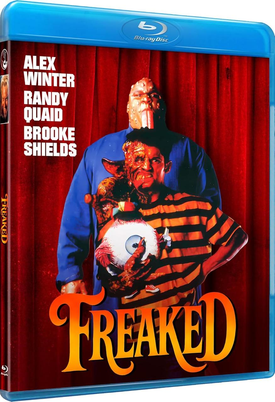 Blu-ray-Cover für Freaked. Zeigt mutierte Figuren, eine hält ein riesiges Augapfel. Text enthält Filmtitel und Namen der Darsteller.
