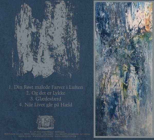 Albumcover: abstrakte Kunst rechts, Text und strukturiertes Design links. Text enthält Songtitel und Unternehmensdetails.