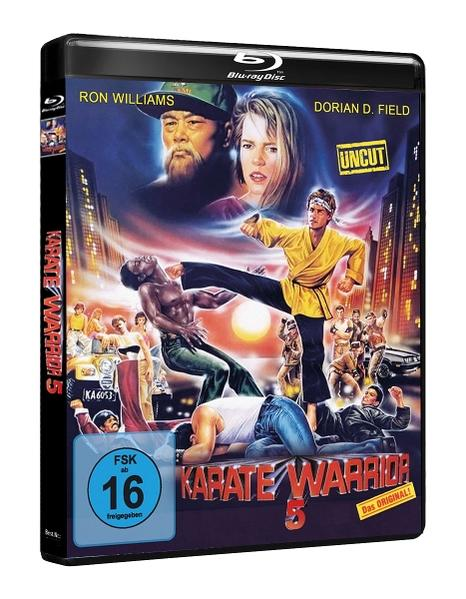 Blu-ray-Cover mit dem Filmtitel 'Karate Warrior 5'. Zeigt Schauspieler, Kampfsport-Action und eine Stadtlandschaft. Freigegeben ab 16 Jahren.