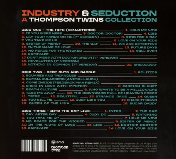 Albumcover: Text 'INDUSTRY & SEDUCTION' und Songtitel von Thompson Twins, schwarzer Hintergrund, weißer Text.