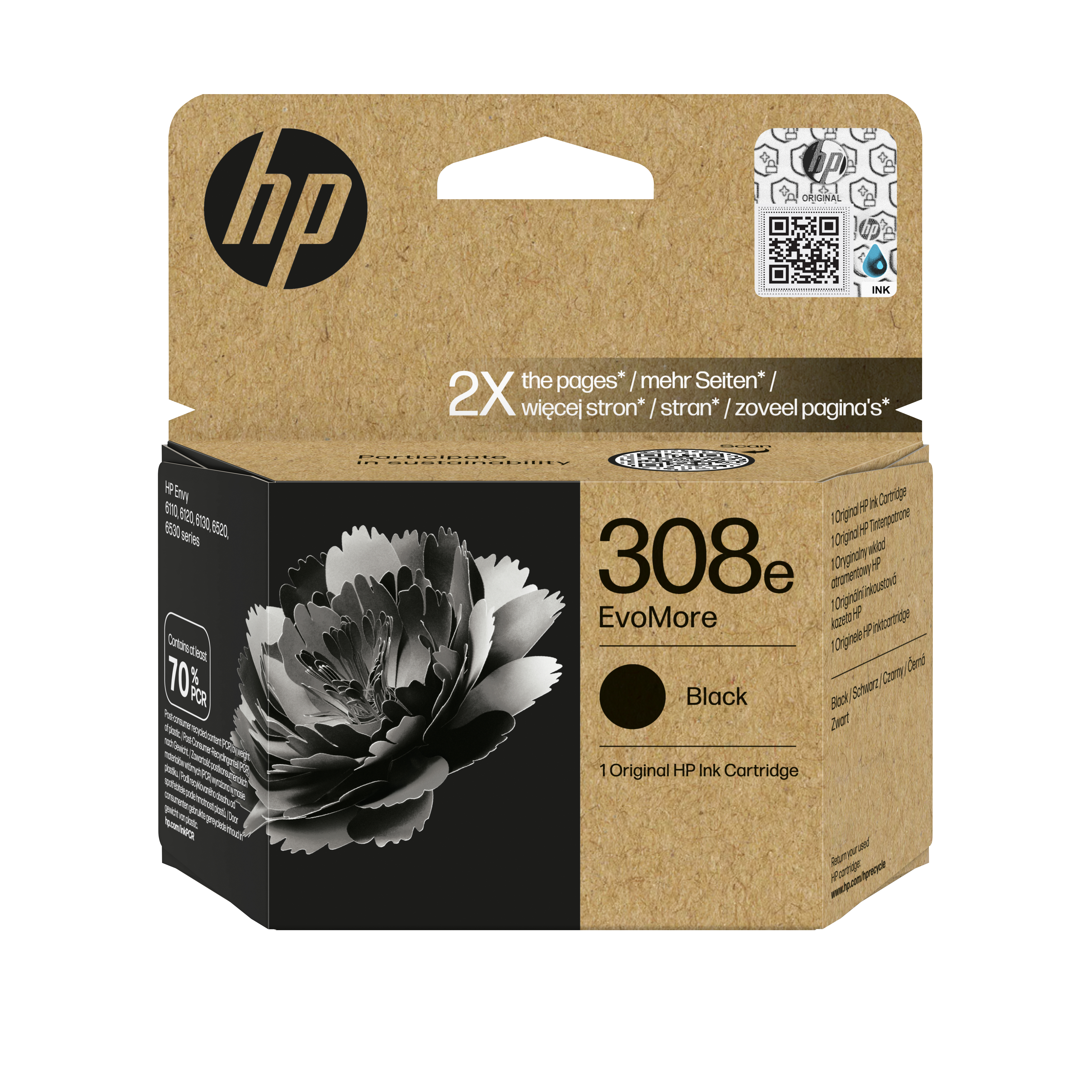 Eine HP-Tintenpatronenbox. Sie hat das HP-Logo, eine schwarze Tintenanzeige und ein Blumendesign auf der Vorderseite.