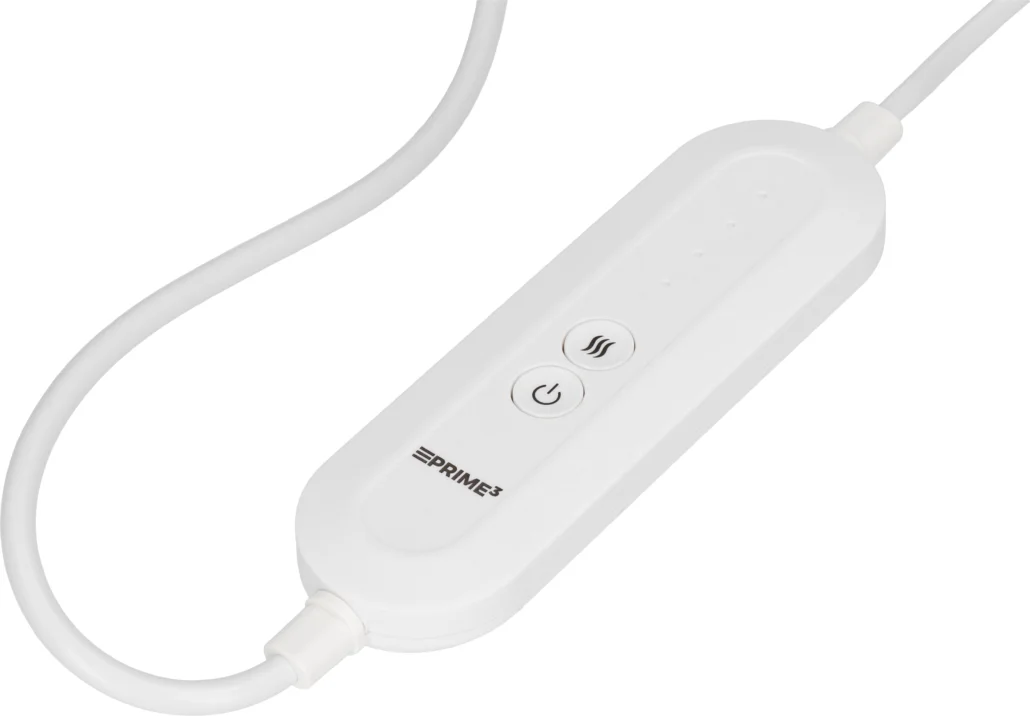 Biały panel sterowania z ikonami zasilania i ciepła. Podłączony do białego kabla, z widoczną marką 'EPRIME3'.