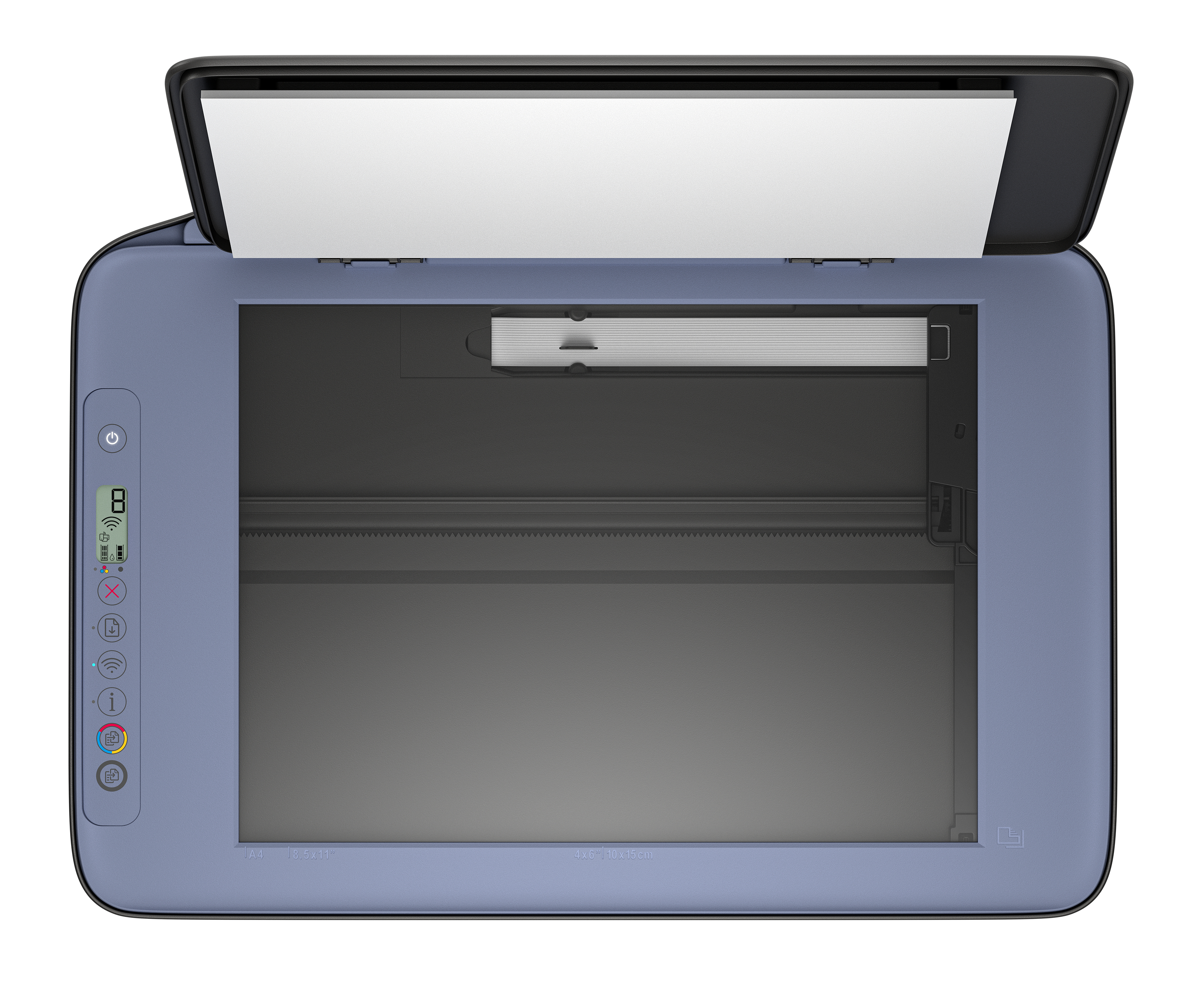 Vista superior de un escáner con la tapa abierta. Hay un papel blanco dentro. El escáner es azul y negro.