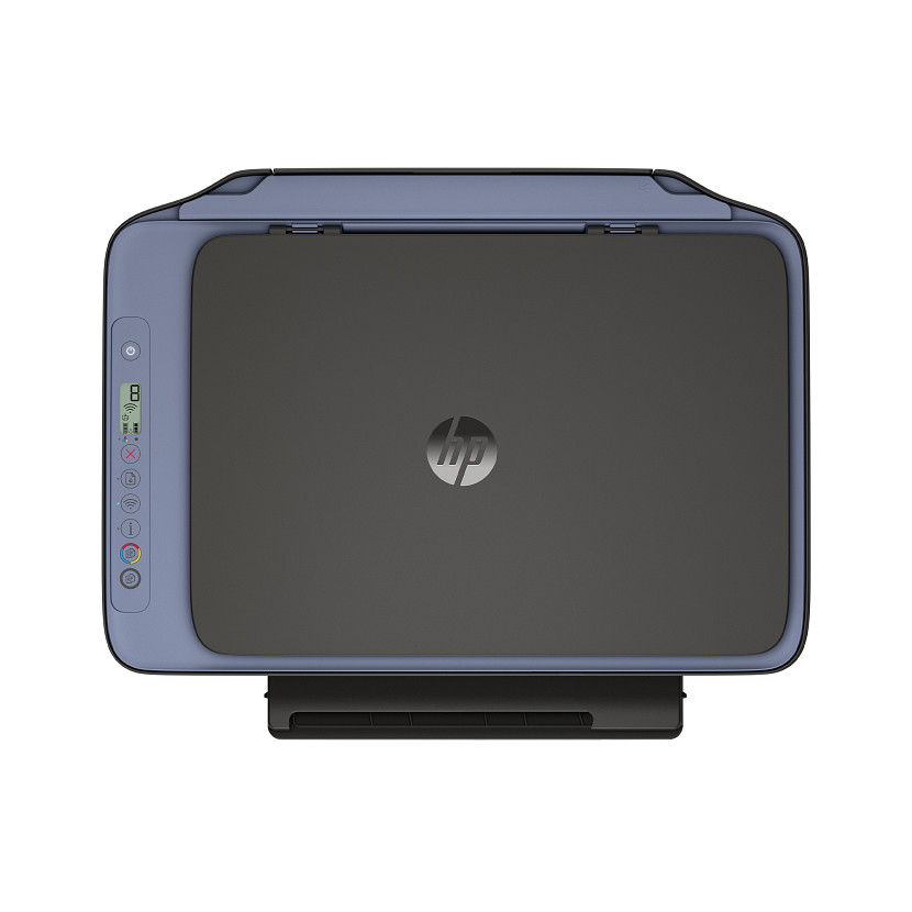 Vista superior de una impresora HP. Es azul grisáceo con tapa negra y logo HP. Un panel de control a la izquierda.