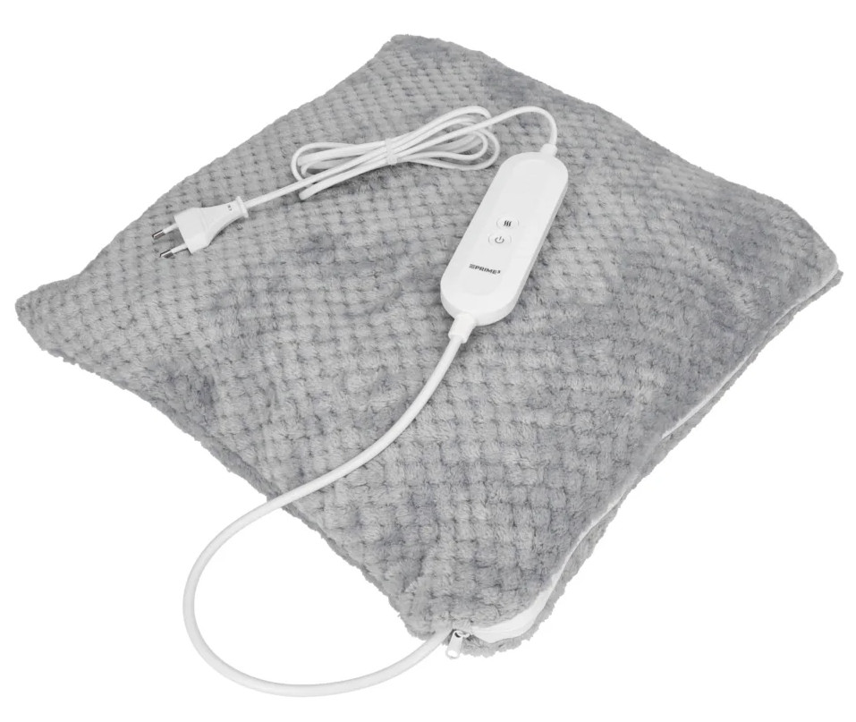 Szara elektryczna poduszka grzewcza z białym panelem sterowania i przewodem. Poduszka leży na białej powierzchni.