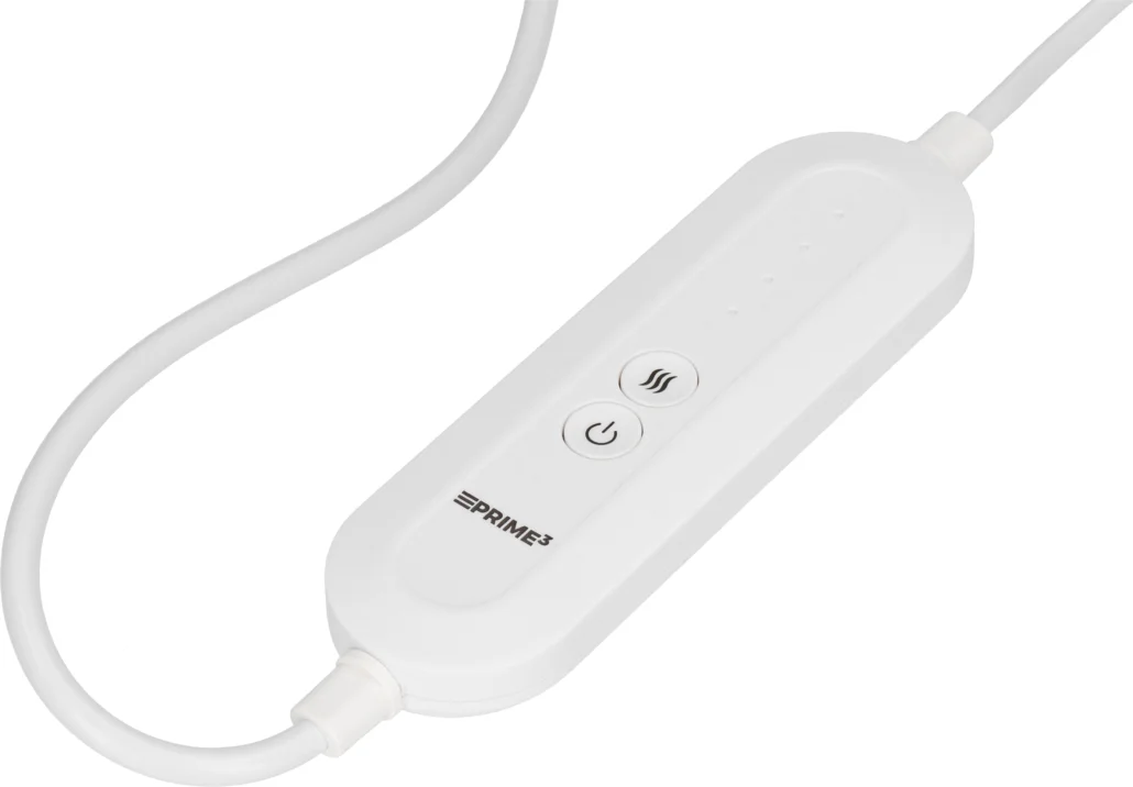 Biała jednostka sterująca z przyciskami zasilania i ciepła. Biały kabel łączy się z jednostką. Widoczna nazwa marki.
