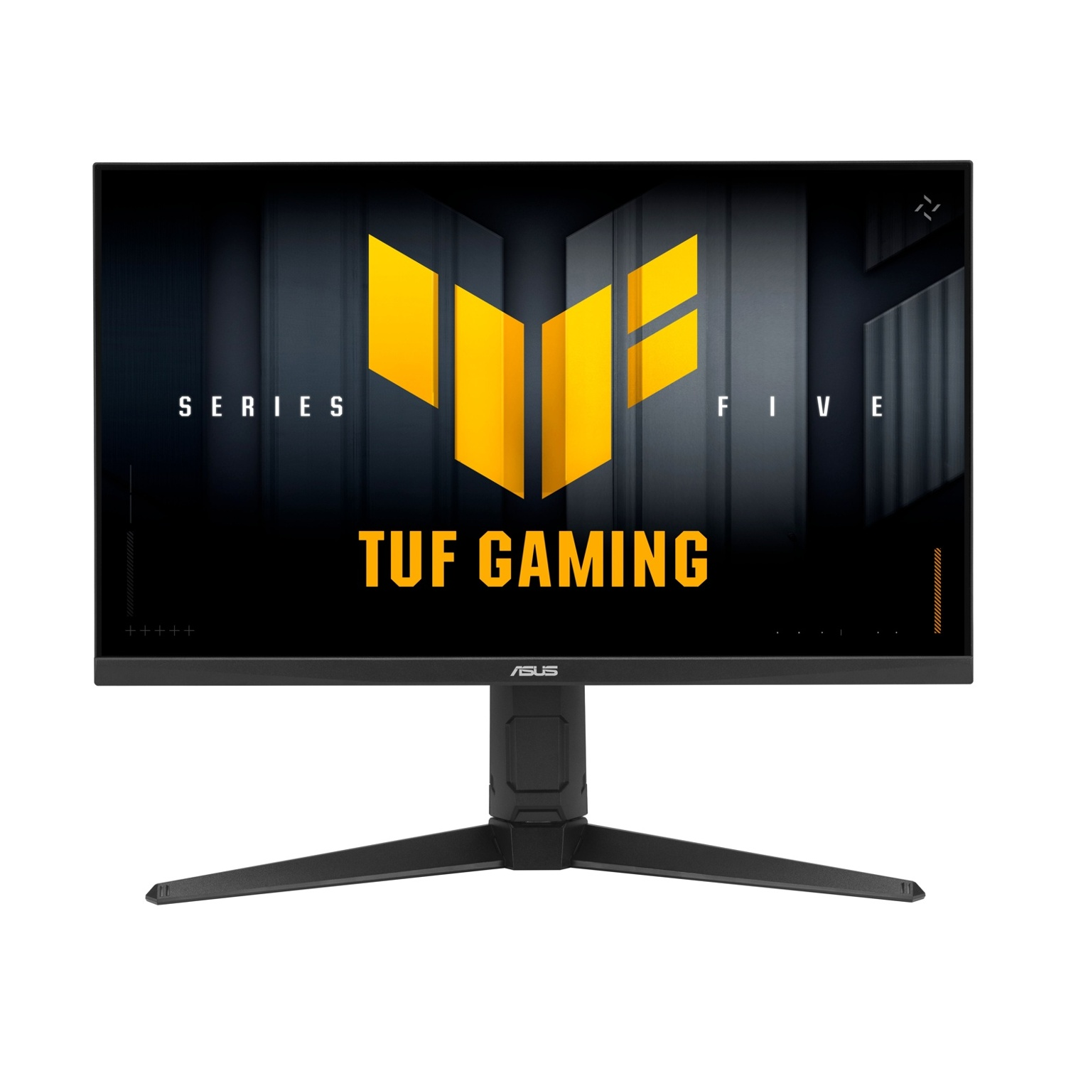 Un monitor ASUS TUF Gaming nero. Lo schermo mostra un logo giallo su sfondo scuro. Il supporto è nero e ha una base ampia.