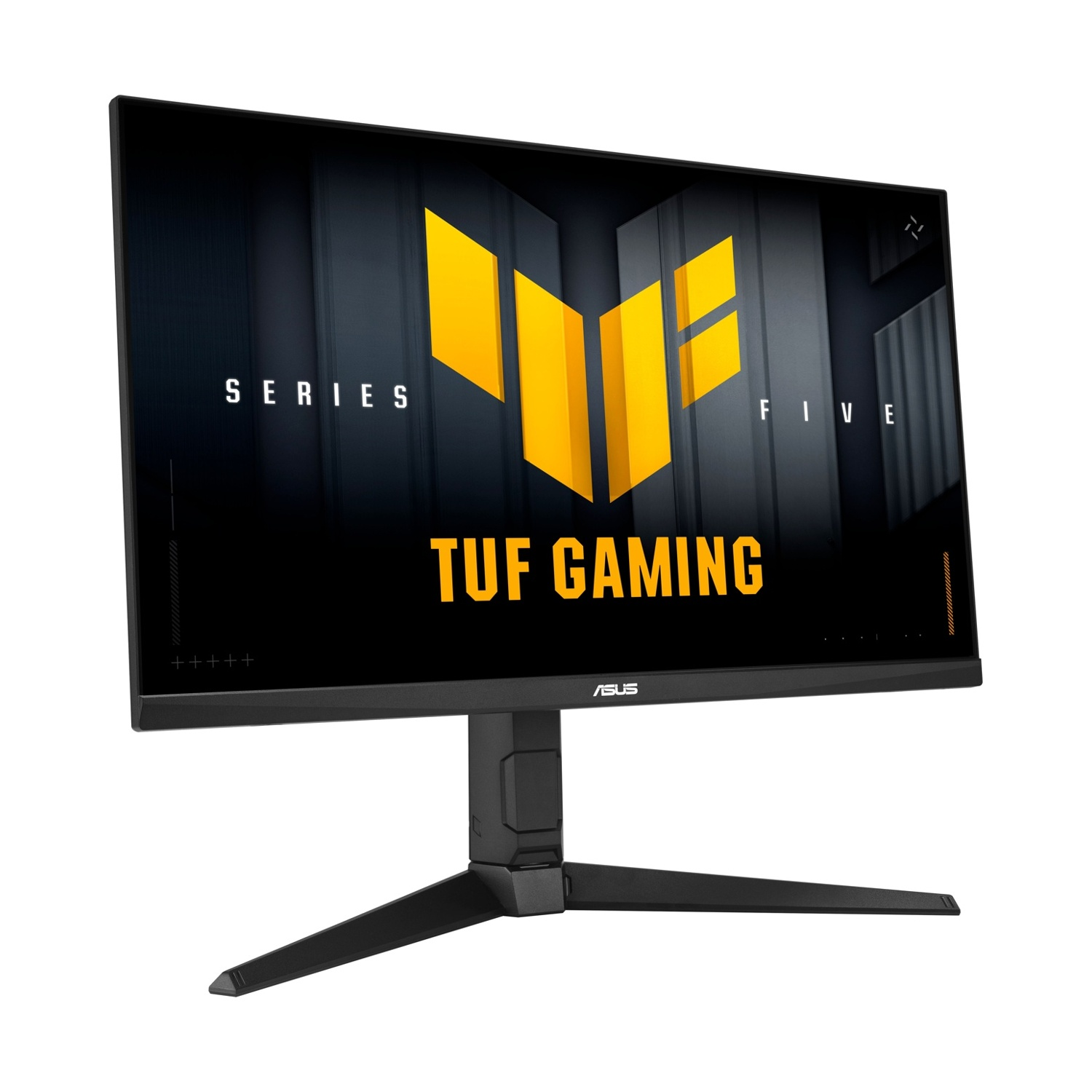 Un monitor ASUS TUF Gaming nero. Lo schermo mostra un logo con dettagli gialli su sfondo nero. Anche il supporto è nero.