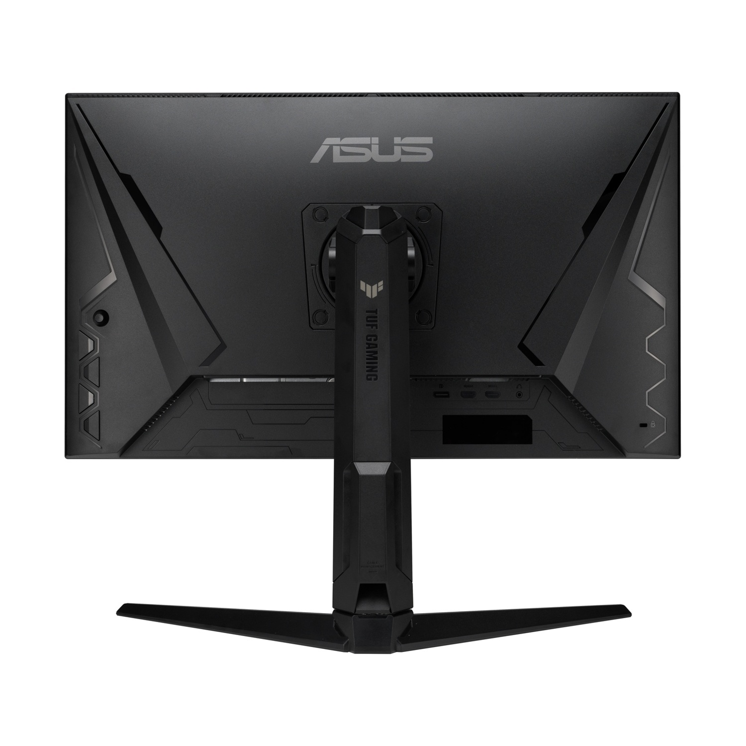 Monitor da gioco ASUS TUF nero, vista posteriore. Supporto, logo e porte visibili. Il design è angolare con finitura nera opaca.