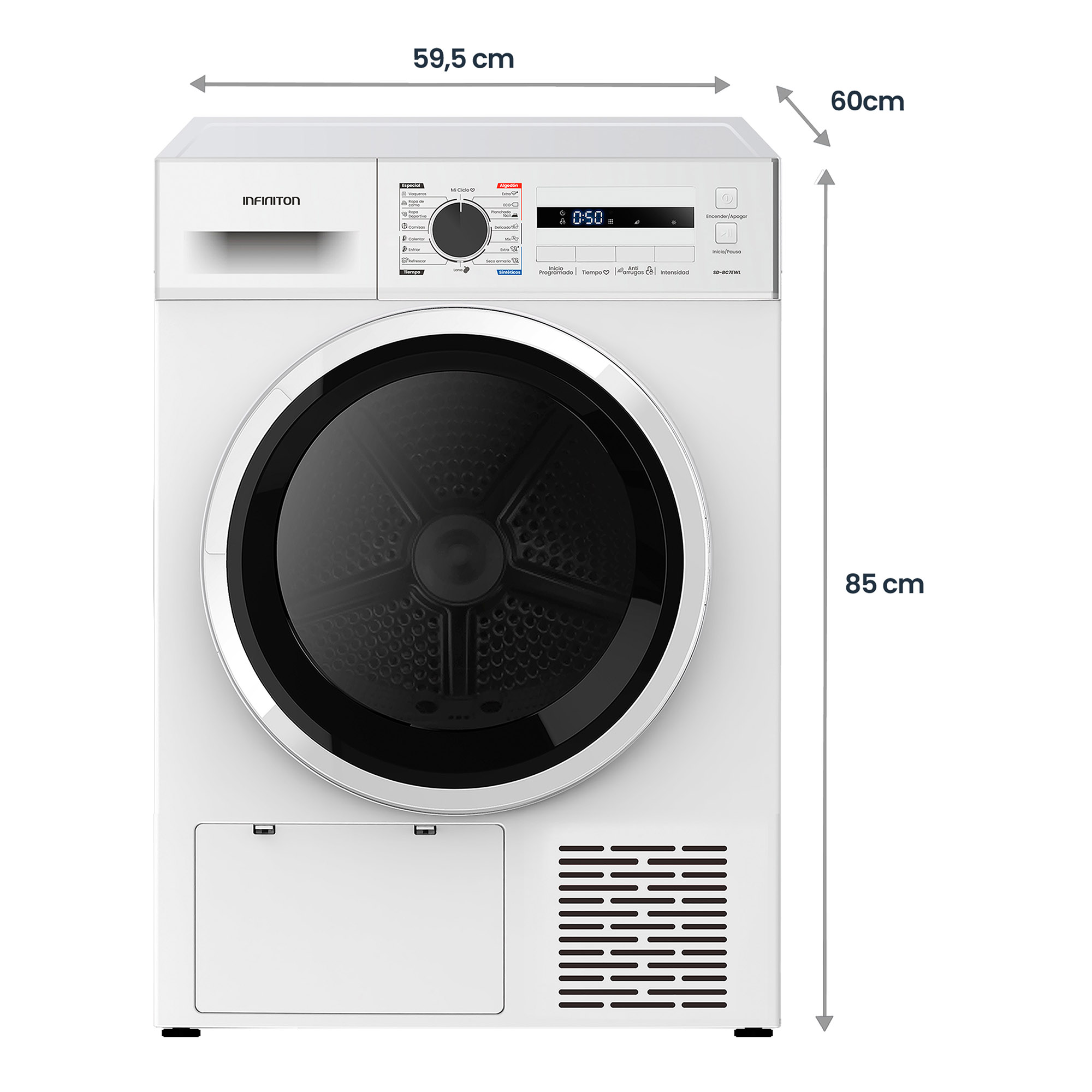 Una secadora Infinition blanca. Tiene una puerta negra, un panel de control en la parte superior y dimensiones.