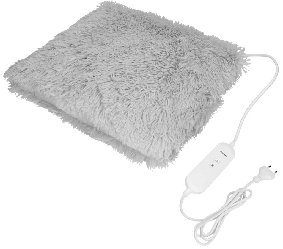 Szary, puszysty koc elektryczny z panelem sterowania i przewodem zasilającym leży na białej powierzchni. Koc jest prostokątny.