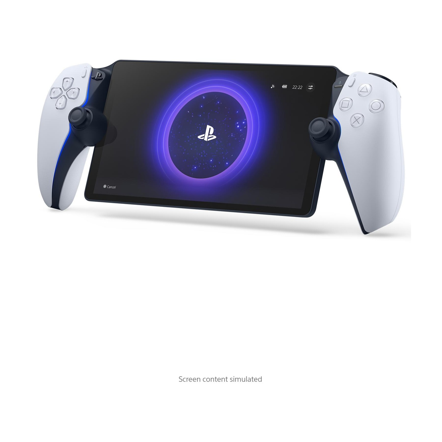 Un dispositivo di gioco portatile bianco e nero con uno schermo che mostra un logo PlayStation viola. Sono collegati due controller.