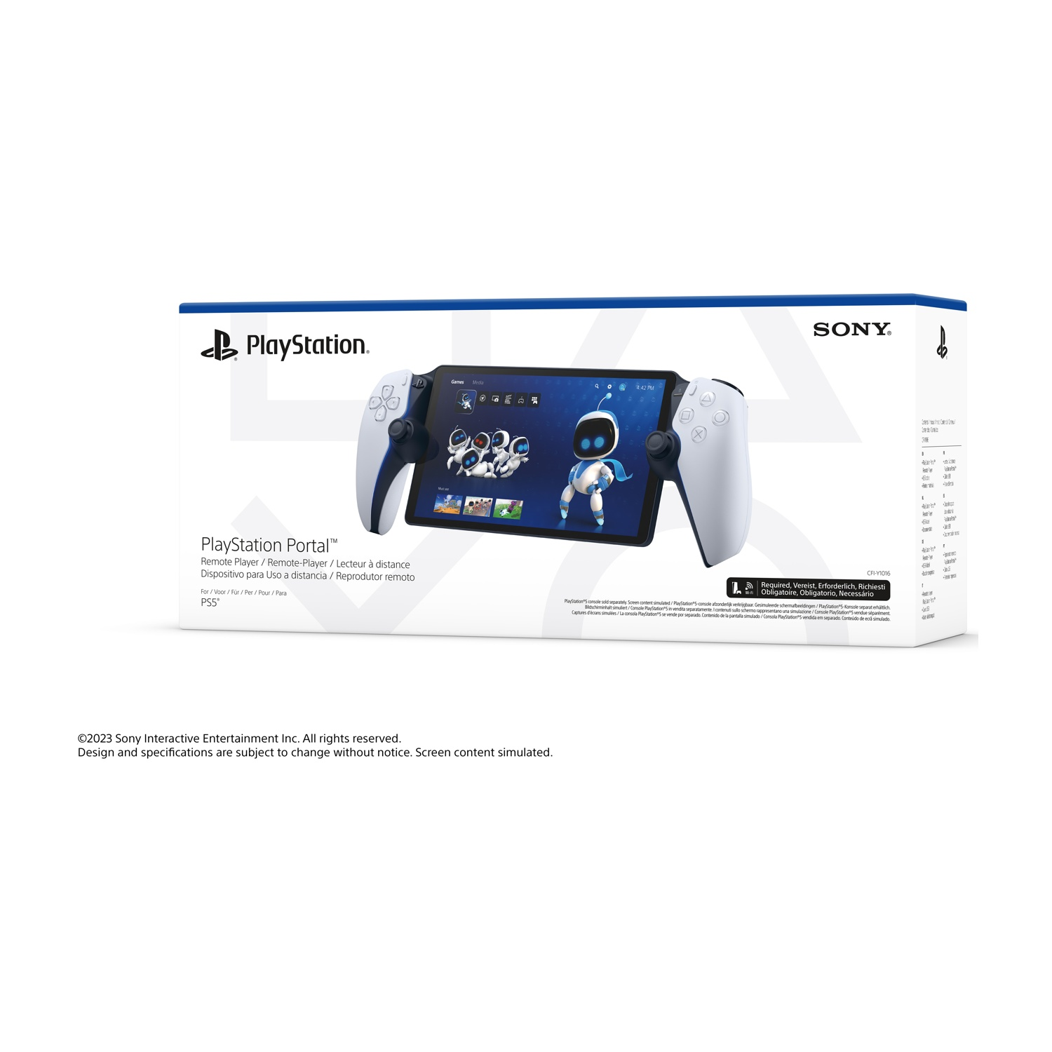 Scatola PlayStation Portal con dispositivo esposto. Schermo mostra icone di gioco. Controller bianchi e neri.