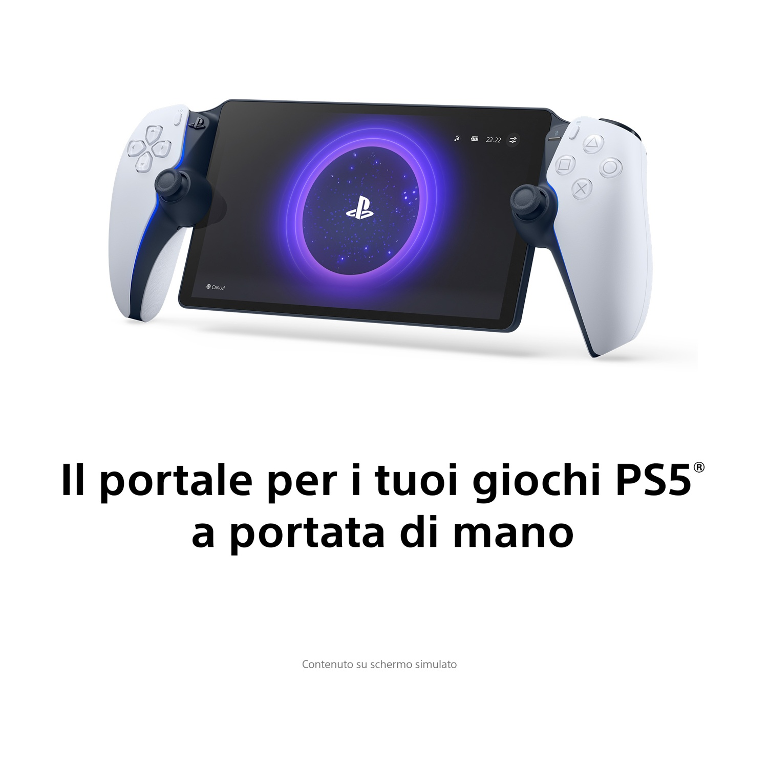 Un dispositivo di gioco portatile bianco con uno schermo che mostra un logo PlayStation blu. Il testo in basso dice 'Il portale per i tuoi giochi PS5'.