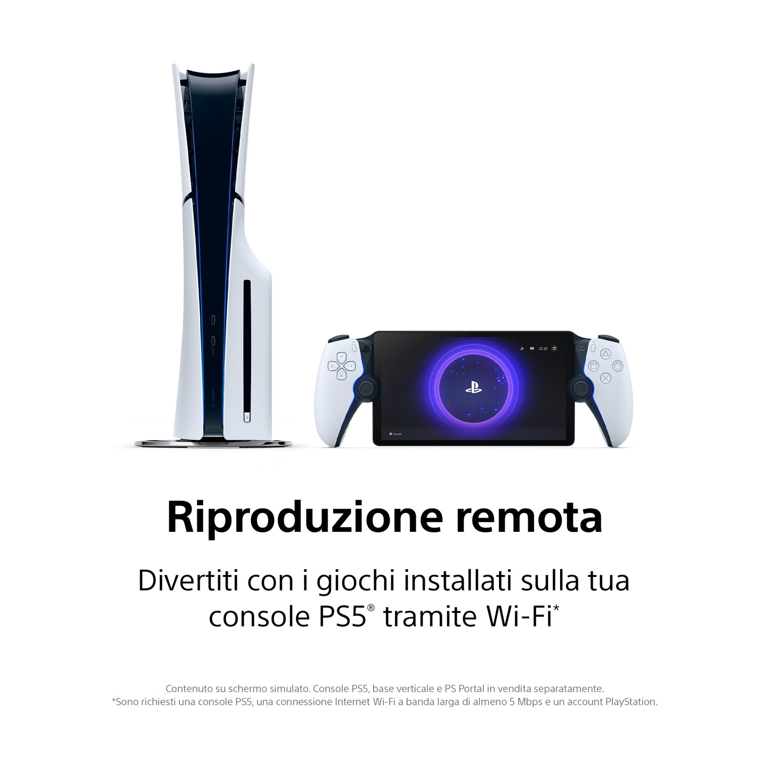 Una console PS5 e un PS Portal sono mostrati su sfondo bianco. Testo italiano: 'Riproduzione remota' e una descrizione.