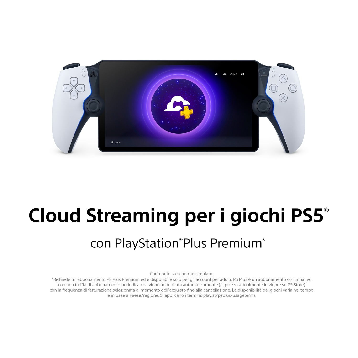 Un dispositivo di gioco portatile con schermo mostra un'icona di cloud. I controller bianchi fiancheggiano lo schermo. Il testo recita 'Cloud Streaming'.