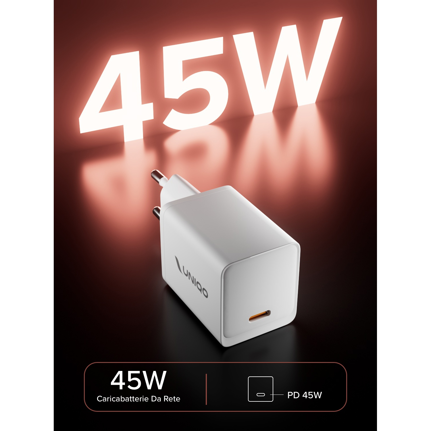 Un caricabatterie bianco da 45W con spina. Lo sfondo ha una sfumatura rossa e nera con testo 45W luminoso.
