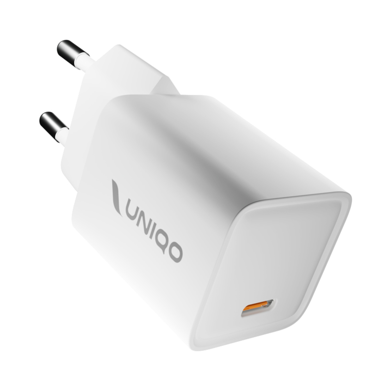 Un caricatore USB UNIQO bianco con perni neri. Ha una porta USB-C e il marchio sul lato.