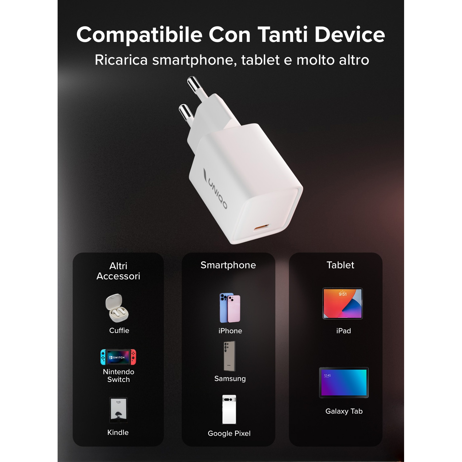 Caricatore bianco con testo 'Compatibile Con Tanti Device'. Icone di smartphone, tablet e altri accessori.