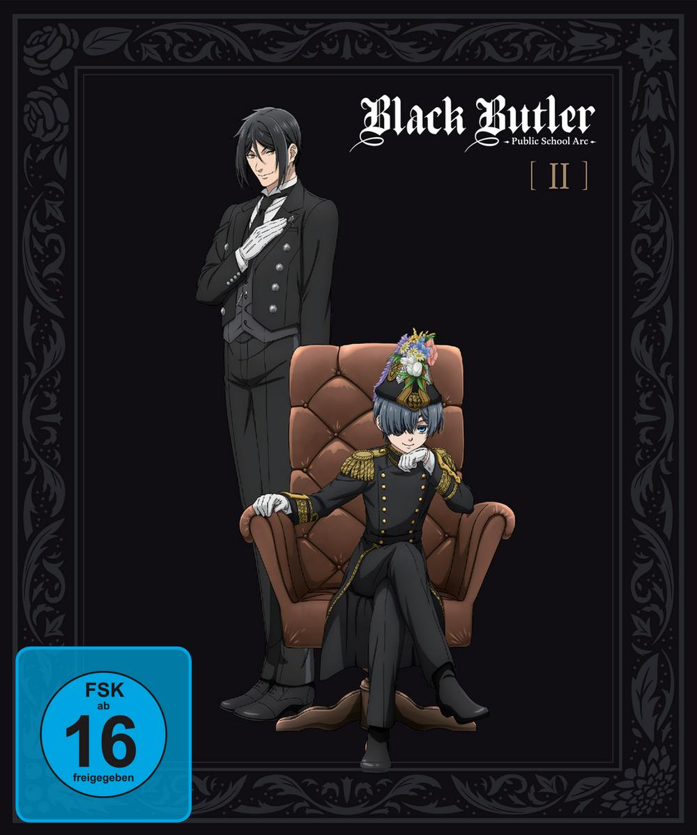 Anime-Cover. Ein Butler steht hinter einem Jungen, der in einem Stuhl sitzt. Titel: Black Butler. Enthält das FSK ab 16 Logo.