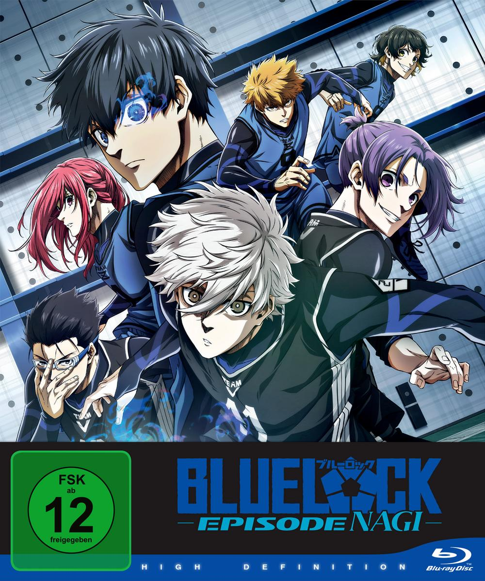 Anime-Cover zeigt männliche Charaktere in blauen Uniformen. Der Titel 'Blue Lock - Episode Nagi' ist zu sehen. Ein grüner Kreis mit '12' ist sichtbar.
