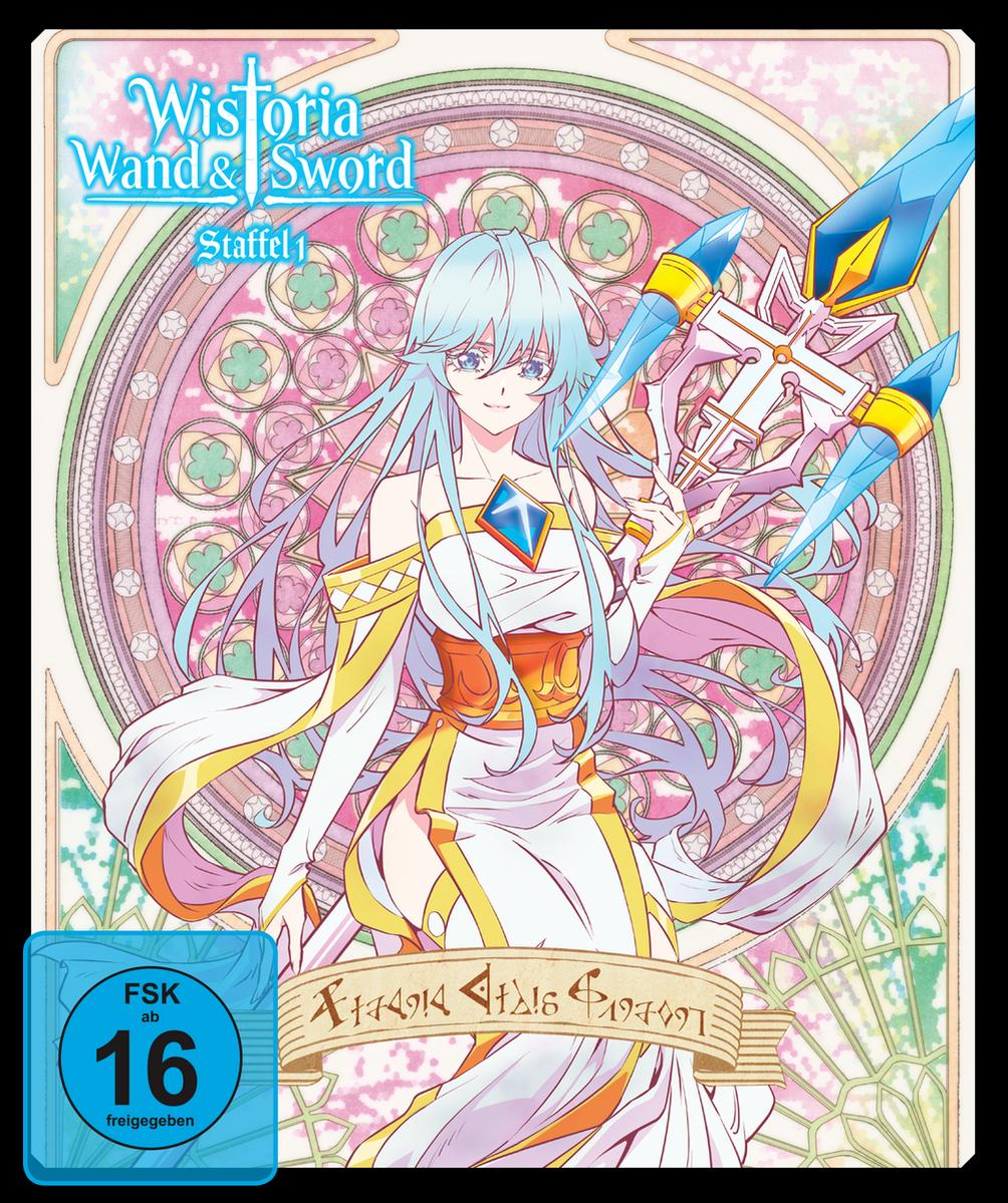 Anime-Cover-Art zeigt eine Frau mit blauen Haaren, die eine Waffe hält. Der Hintergrund ist ein Buntglasfenster-Design, unten ein Bewertungssymbol.