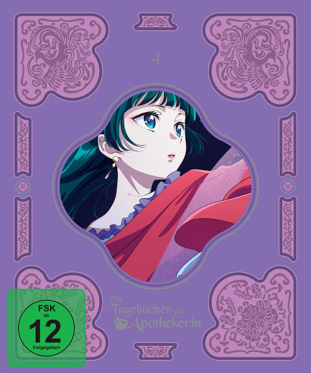 Anime-Cover. Mädchen mit türkisfarbenem Haar und blauen Augen, rotem Umhang, auf lila Hintergrund. Titel: Die Tagebücher der Apothekerin, FSK 12.