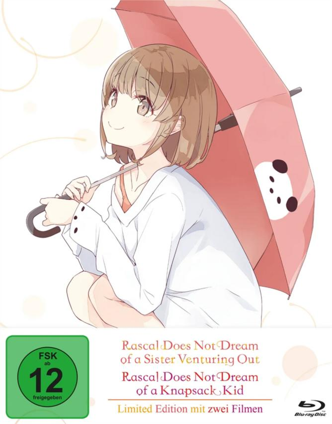 Anime-Cover zeigt ein Mädchen unter einem rosa Schirm mit Panda-Design. Text enthält 'Rascal Does Not Dream' und ein Blu-ray-Logo.