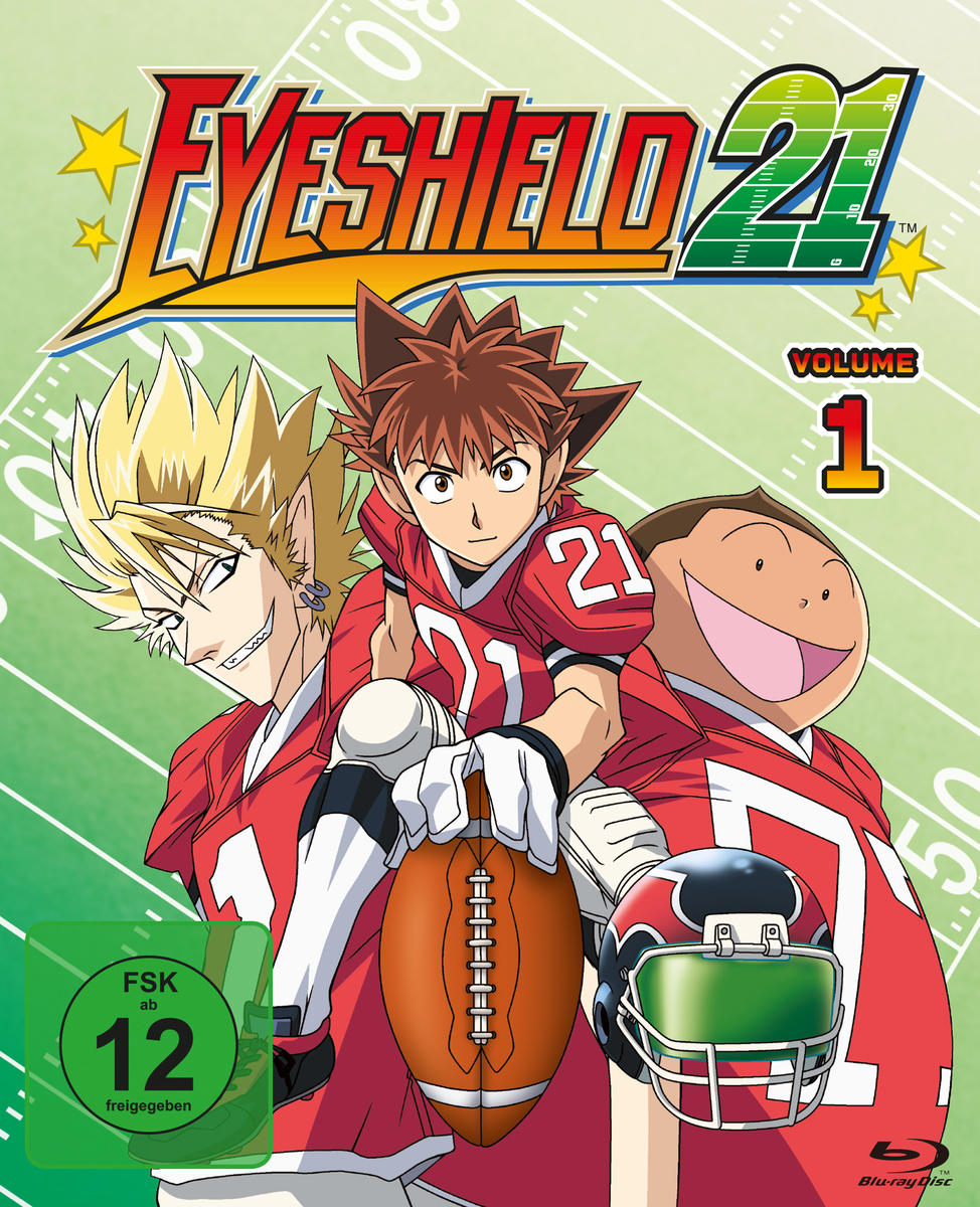 Anime-Cover von Eyeshield 21. Drei Charaktere in roten Football-Trikots halten einen Ball. Der Hintergrund ist ein grünes Feld.