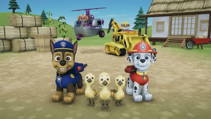 Paw Patrol-Charaktere mit Fahrzeugen, Enten und einem Gebäude in einer Bauernhof-ähnlichen Szene.
