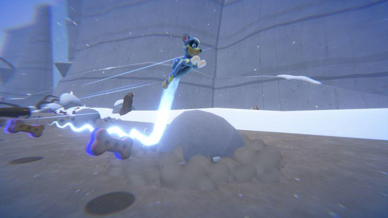 Ein Zeichentrickhund in einem Superheldenanzug fliegt mit einer blauen Lichtspur nach oben. Knochen liegen am Boden. Der Hintergrund ist ein schneebedeckter Berg.