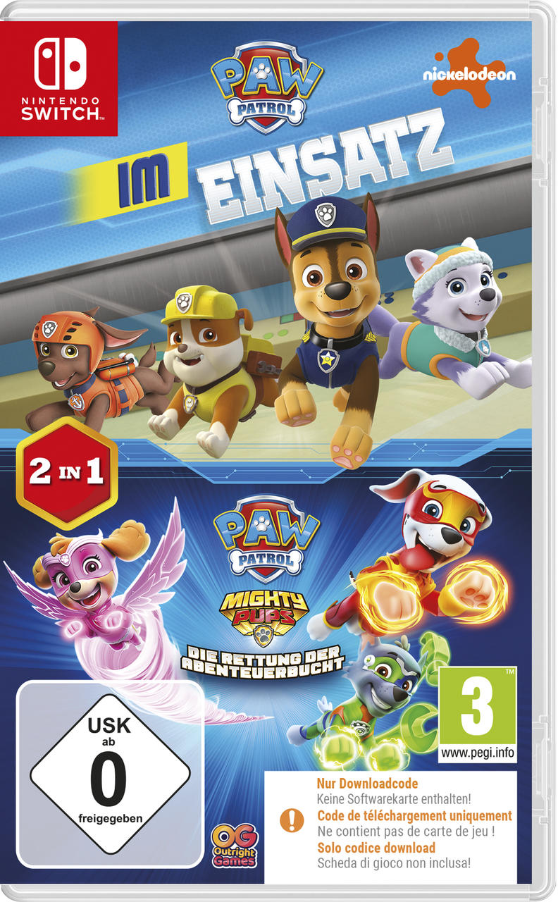 Paw Patrol-Spielcover. Zeigt Cartoon-Hunde in Actionposen. Enthält Nintendo Switch-Logo und deutschen Text.