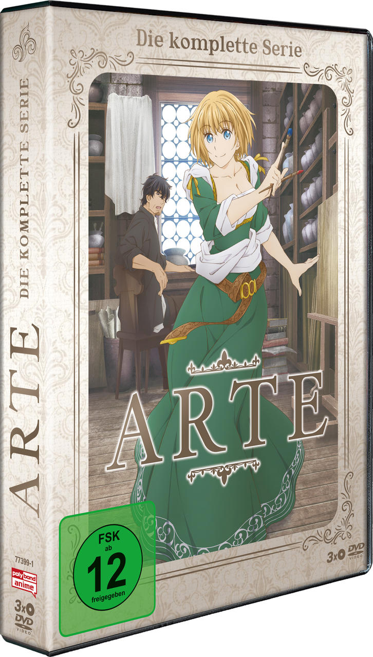 Anime-DVD-Box mit dem Titel 'ARTE'. Eine Frau in einem grünen Kleid hält einen Pinsel, während ein Mann in der Nähe steht. Der Hintergrund ist eine Werkstatt.