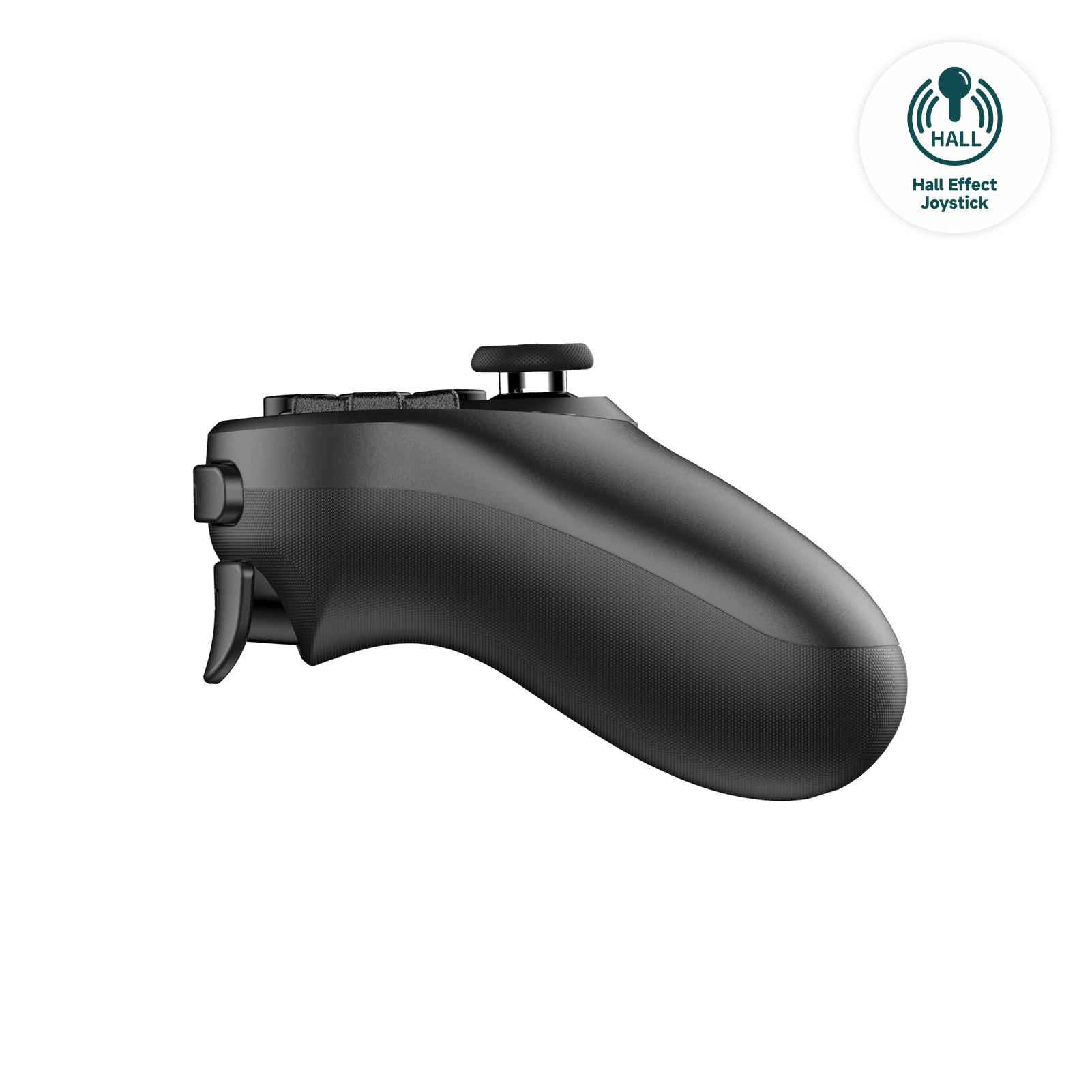 Ein schwarzes Gamepad mit Knöpfen, Triggern und einem Joystick. Es ist ein Hall-Effekt-Joystick, mit Logo im Hintergrund.