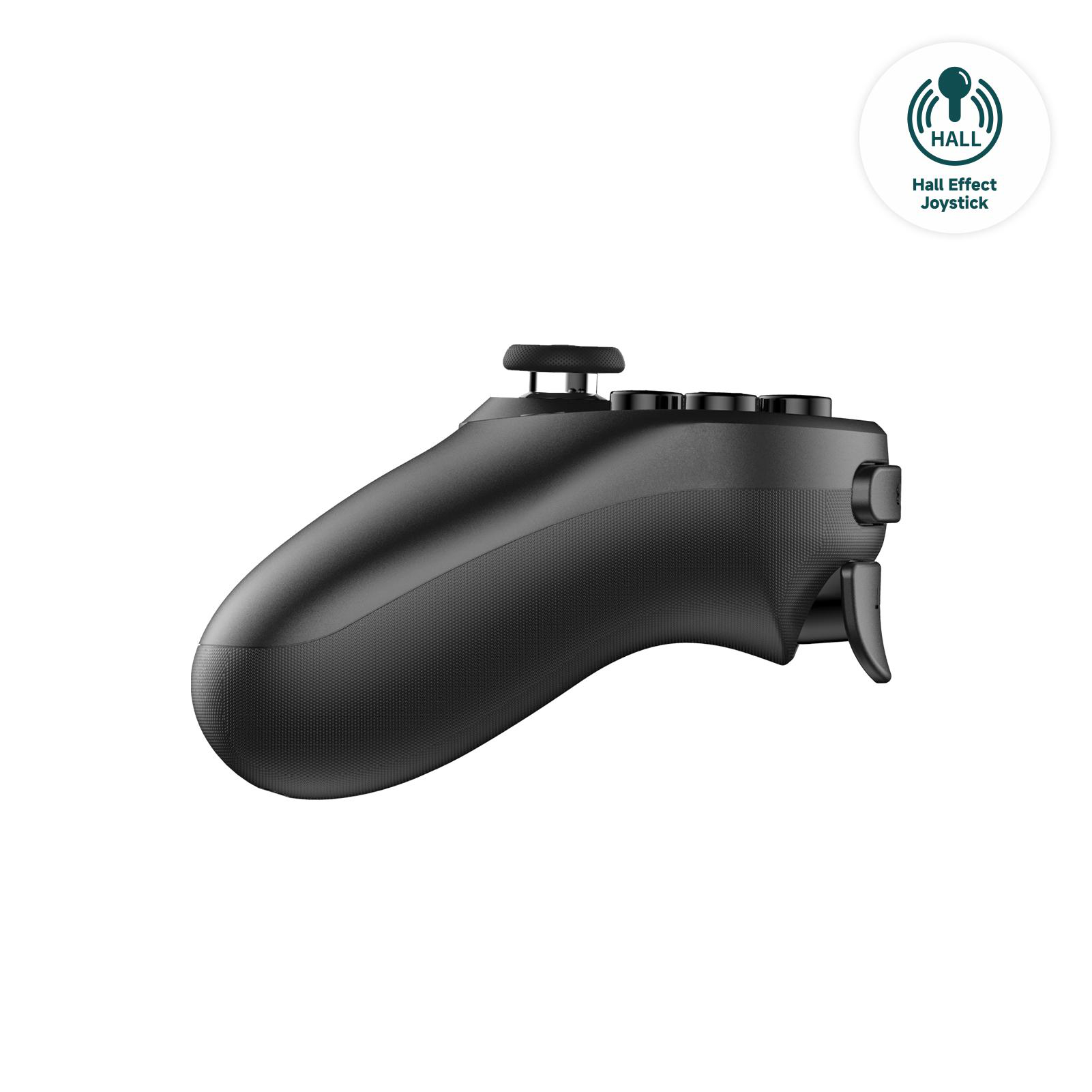 Schwarzer Gamecontroller mit Tasten, Triggern und einem Joystick. Es befindet sich auf weißem Hintergrund. Das Logo lautet Hall Effect Joystick.
