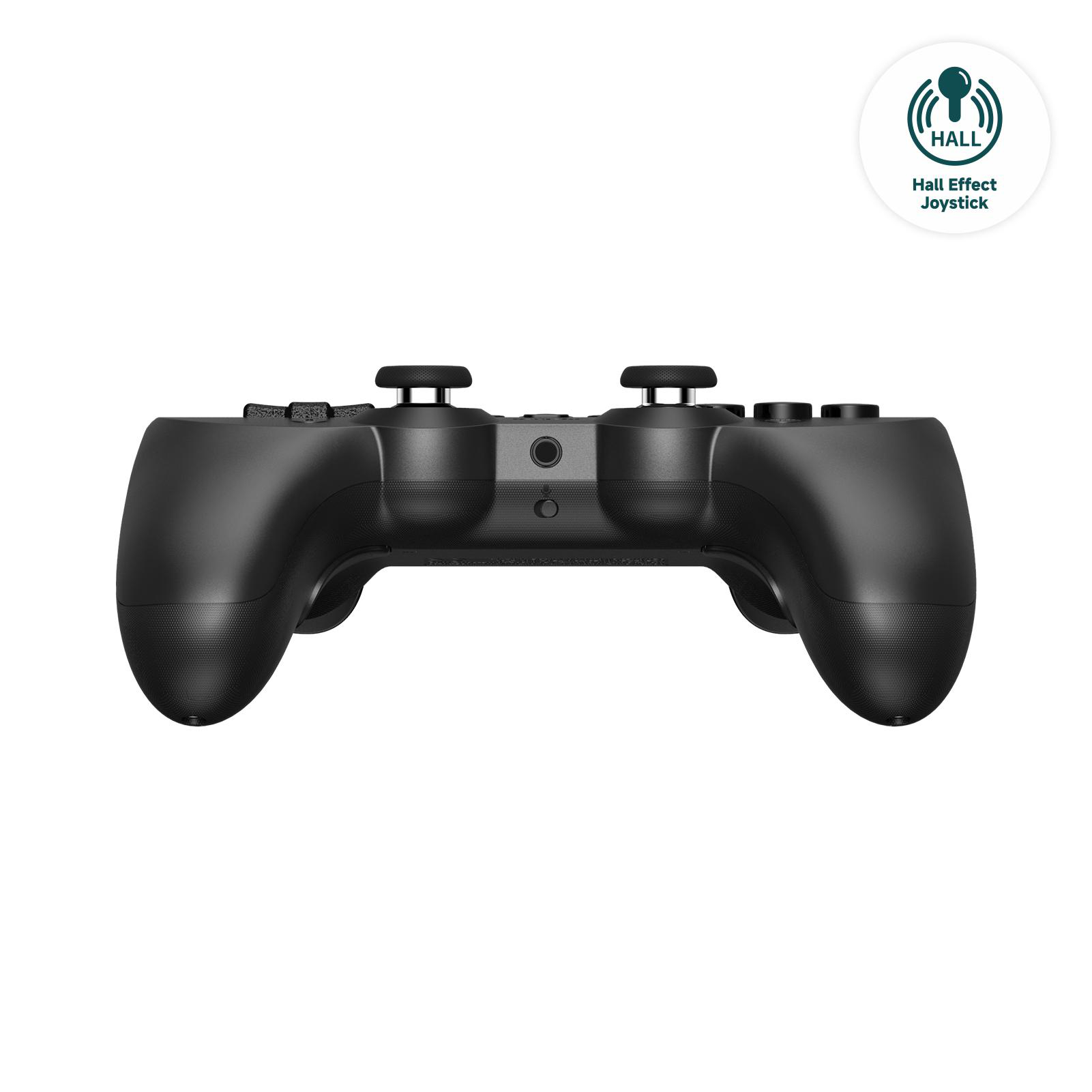 Schwarzer Gamecontroller mit Knöpfen, Joysticks und einem kreisförmigen Logo. Das Logo zeigt 'Hall Effect Joystick'.