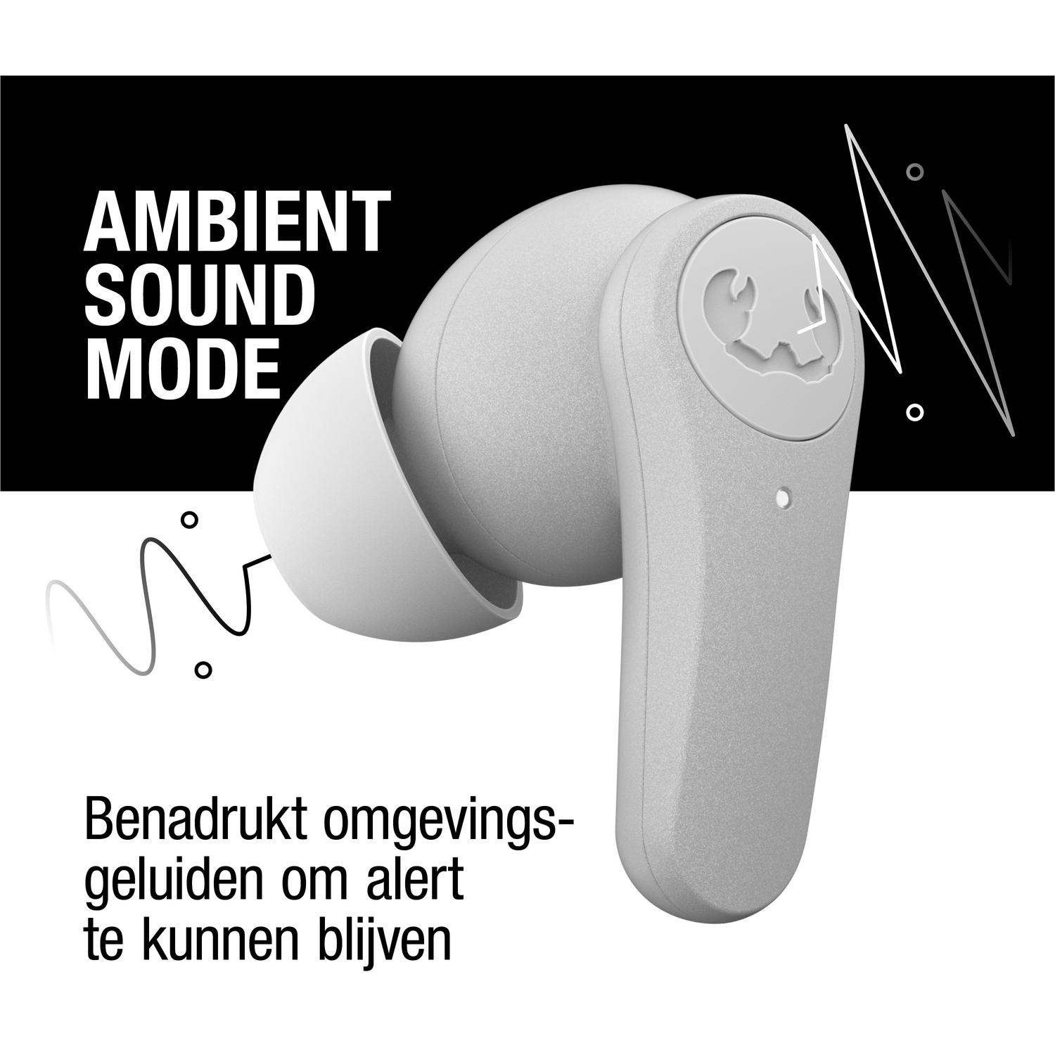 Een grijze oortelefoon met de tekst "AMBIENT SOUND MODE". Het toont ook een geluidsgolfafbeelding en tekst in het Nederlands.
