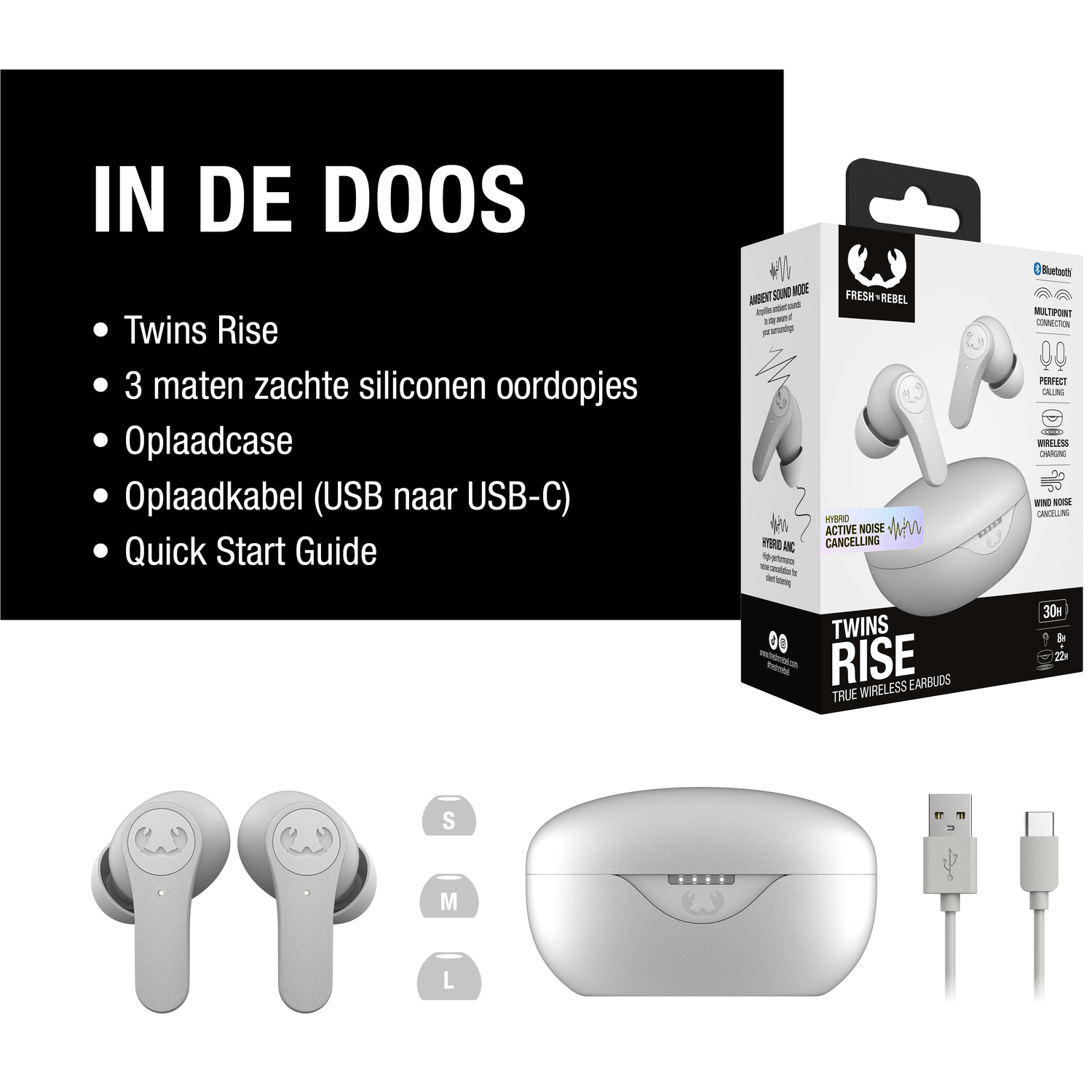 Oordopjes set met oplaadcase, kabel en oortips. De verpakking is voorzien van 'Twins Rise' en 'Fresh 'n Rebel' branding.