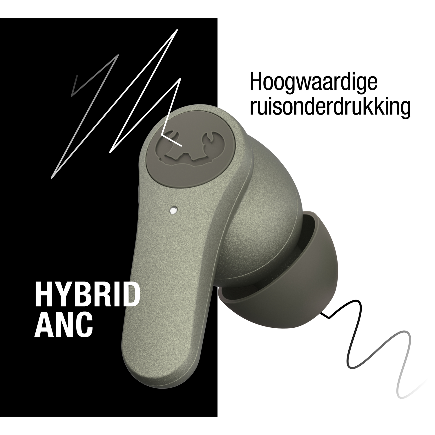 Een oortelefoon met Hybrid ANC-tekst. De rechterkant heeft de tekst: Hoogwaardige ruisonderdrukking. De linkerkant is zwart met witte lijnen.
