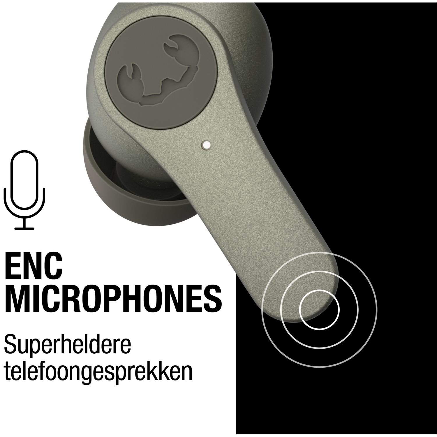 Een olijfgroene oortelefoon met een schorpioenlogo, de tekst 'ENC MICROPHONES' en de woorden 'Superheldere telefoongesprekken' zijn zichtbaar.